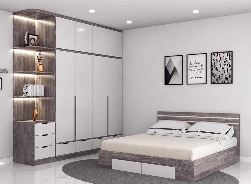 Bộ Giường Tủ Phòng Ngủ Trần Màu Xám Sọc Phối Trắng sẽ là lựa chọn hoàn hảo cho phòng ngủ của bạn vào năm