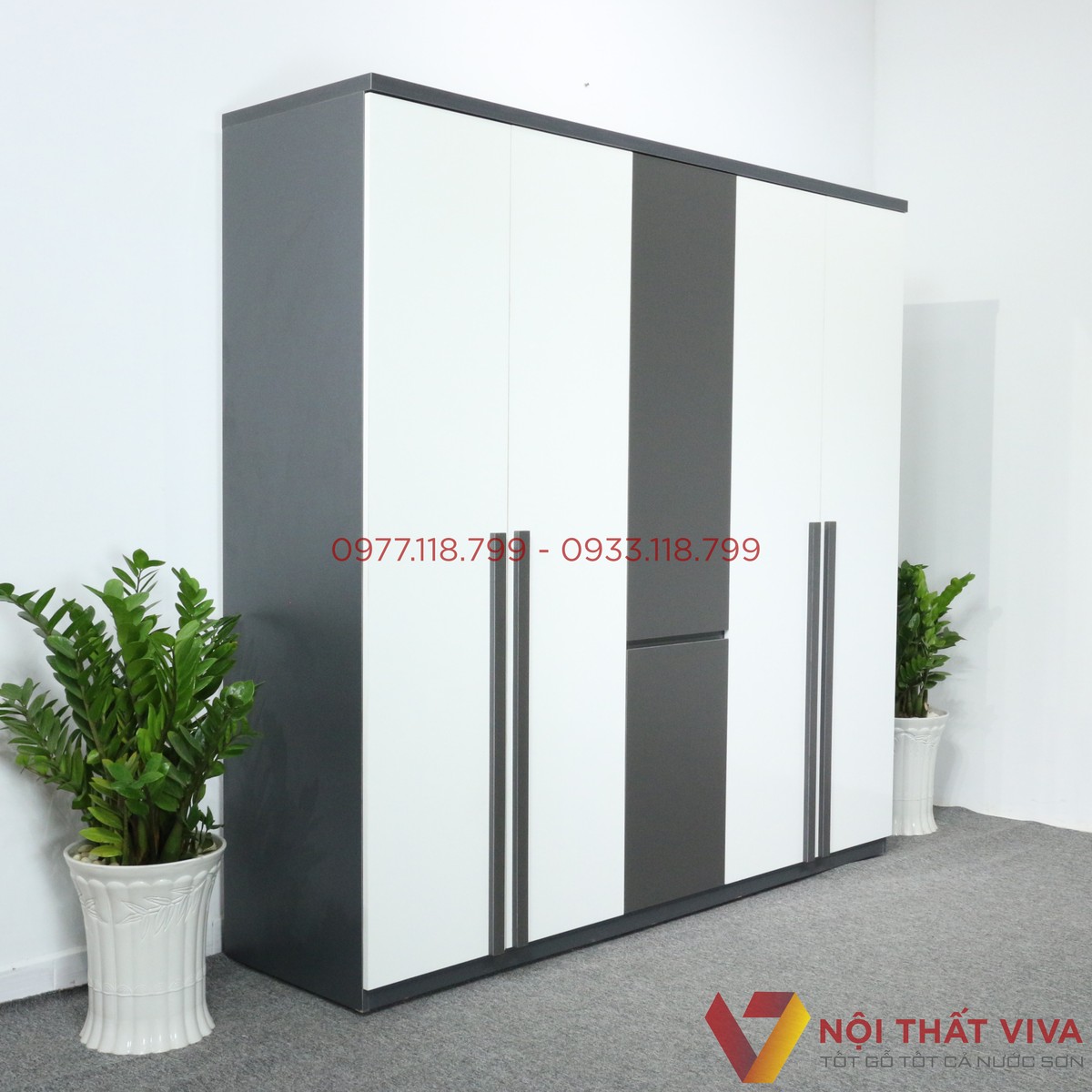 Tủ Quần Áo Lớn 5 Cánh Gỗ MDF Màu Xanh Đen Cửa Trắng Hiện Đại