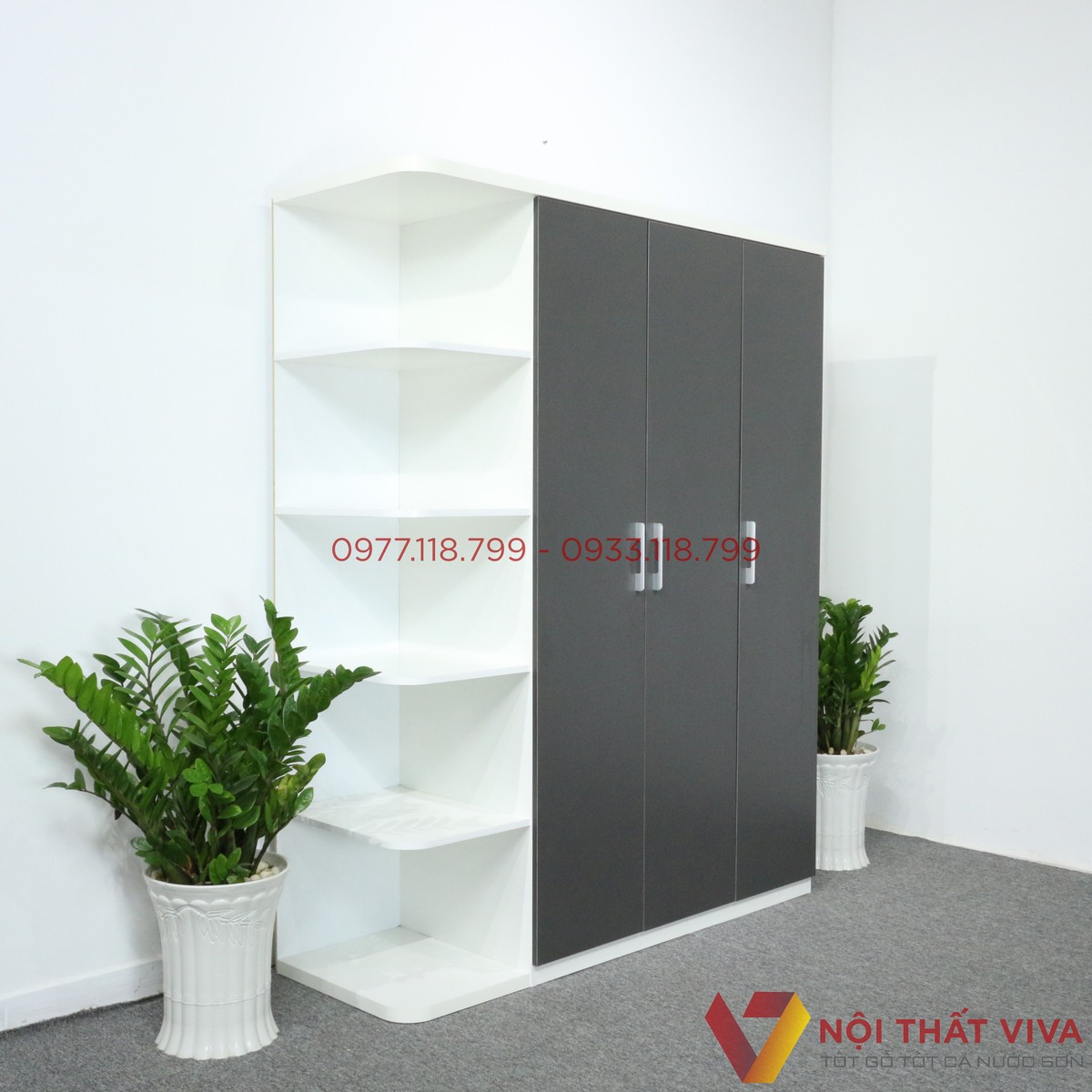 Tủ Gỗ 3 Cánh Màu Trắng Phối Cửa Xanh Đen Gỗ MDF Melamine Hiện Đại