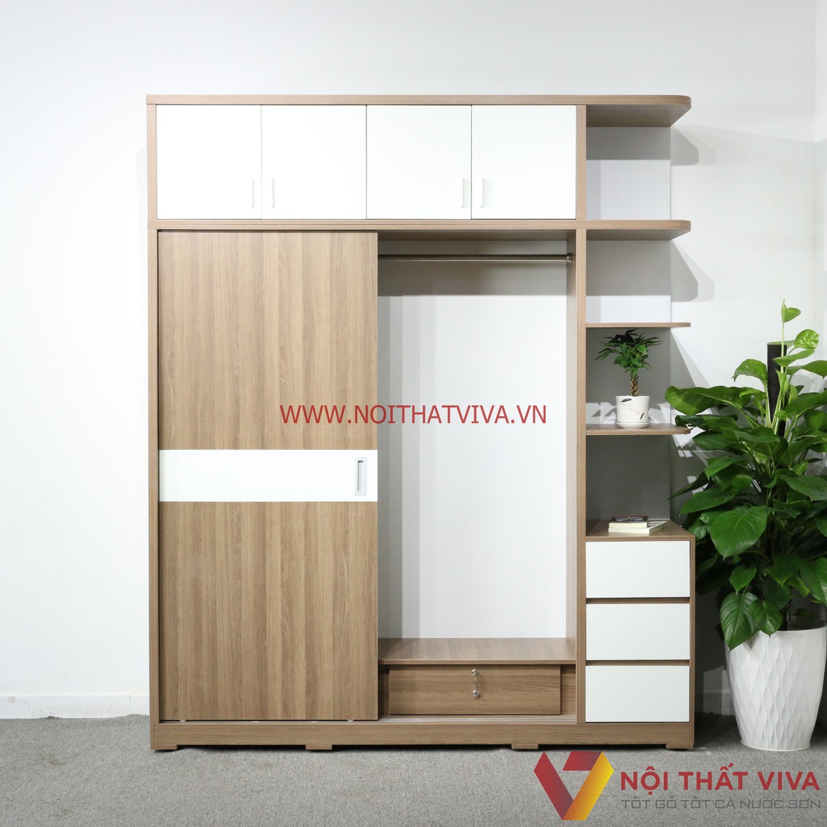 Tủ Gỗ Cánh Lùa Kịch Trần Gỗ MDF Melamine Màu Nâu Chỉ Trắng Cao Cấp