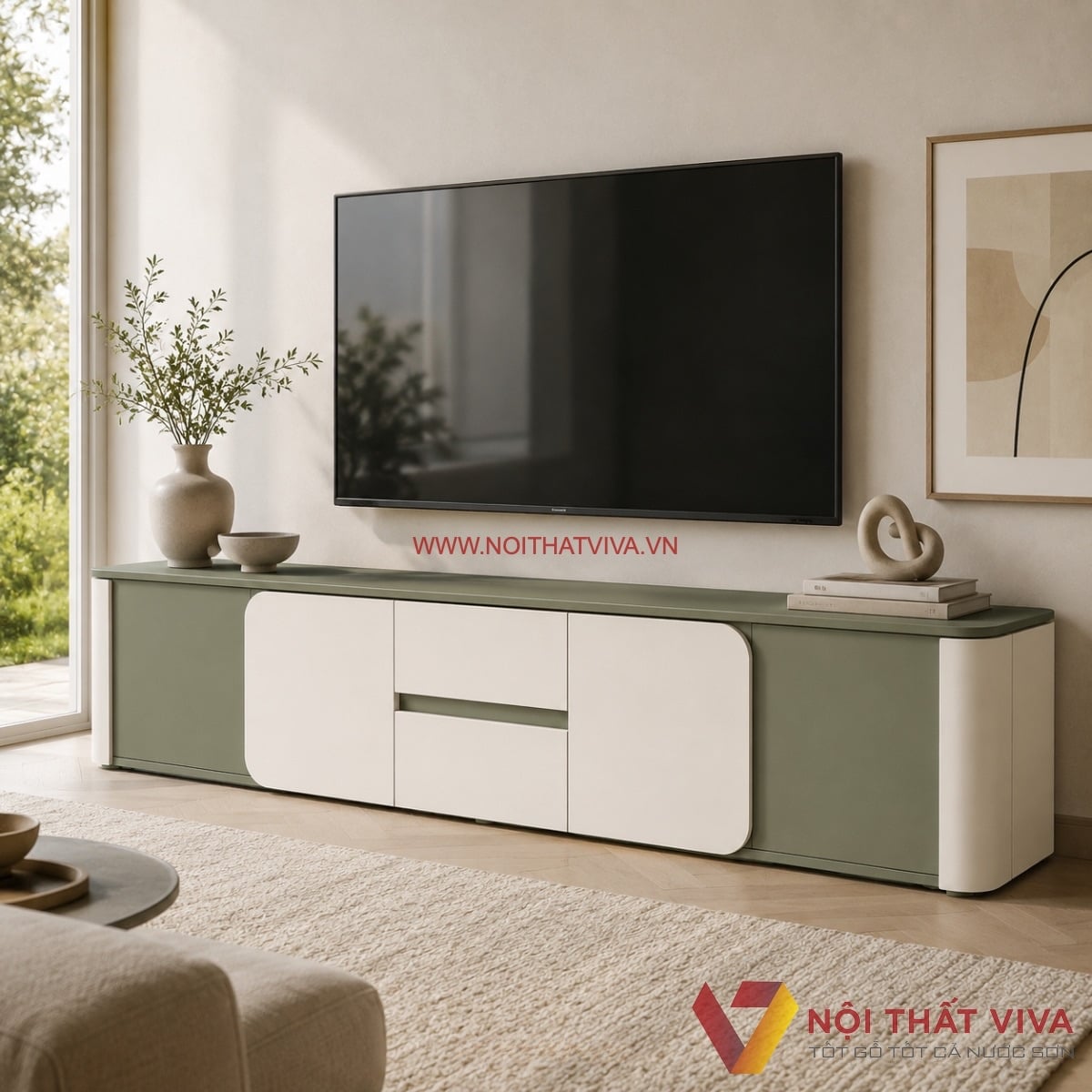 Kệ Tivi Gỗ C&ocirc;ng Nghiệp Bo G&oacute;c M&agrave;u Xanh Phối Trắng Thanh Lịch