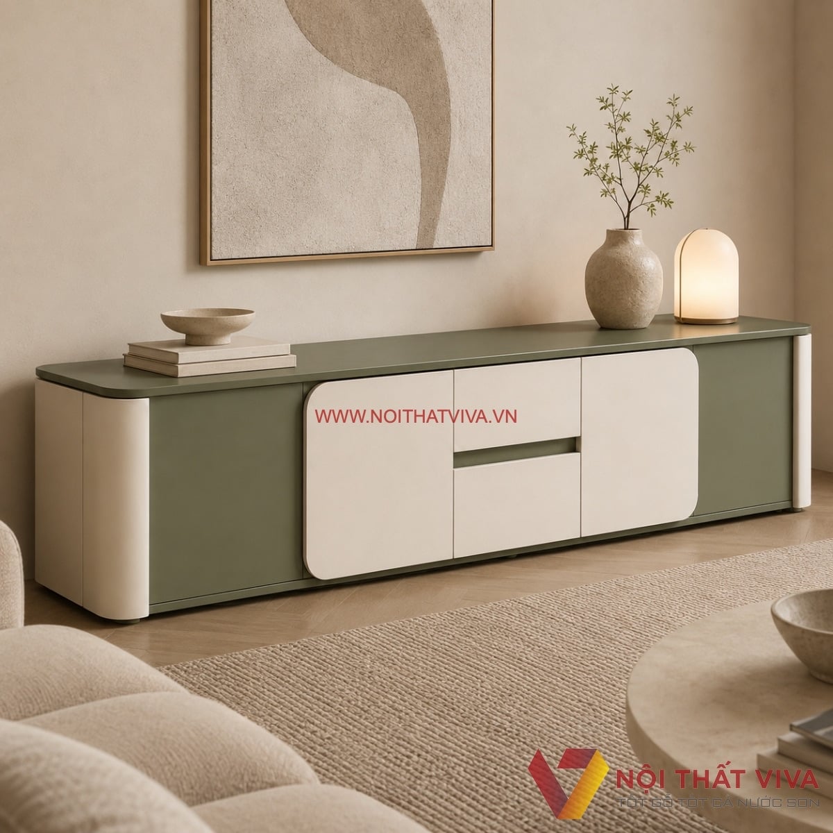 Kệ Tivi Gỗ C&ocirc;ng Nghiệp Bo G&oacute;c M&agrave;u Xanh Phối Trắng Thanh Lịch