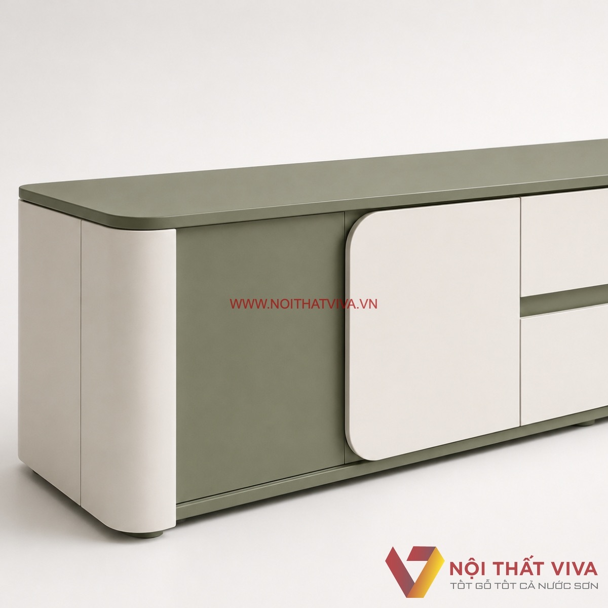 Kệ Tivi Gỗ C&ocirc;ng Nghiệp Bo G&oacute;c M&agrave;u Xanh Phối Trắng Thanh Lịch