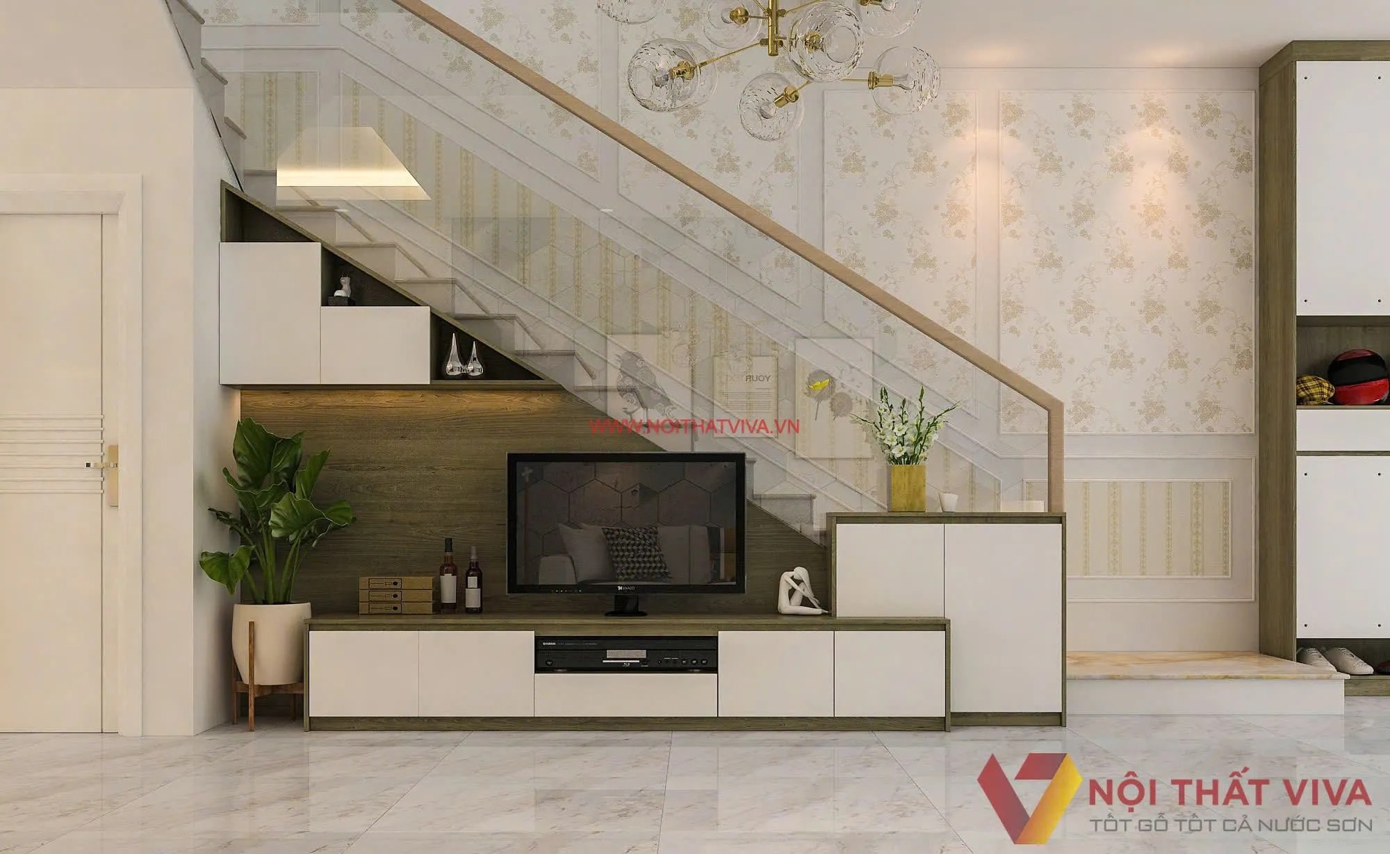 Kinh nghiệm đặt kệ tivi gầm cầu thang đẹp, tiết kiệm không gian tối ưu