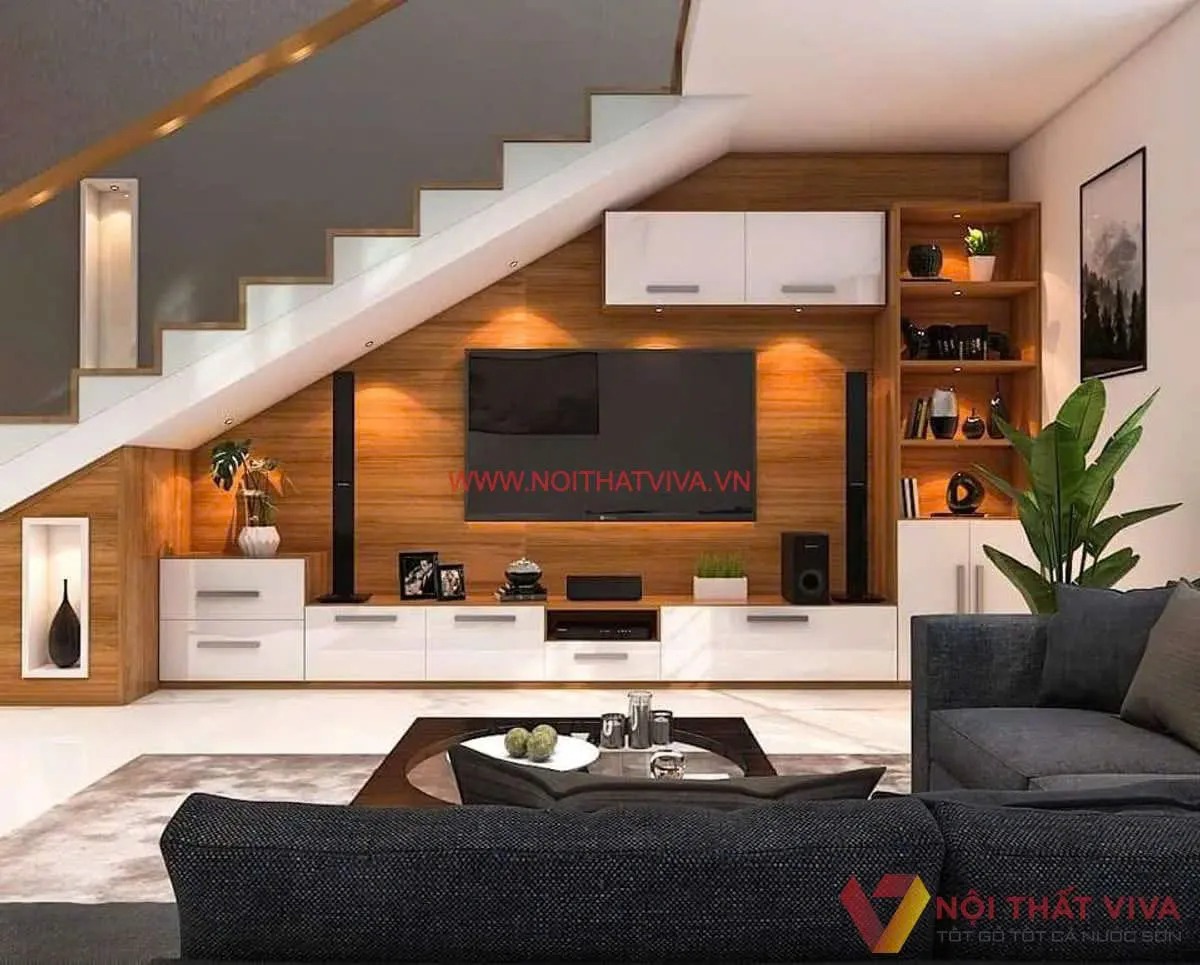 Kinh nghiệm đặt kệ tivi gầm cầu thang đẹp, tiết kiệm không gian tối ưu