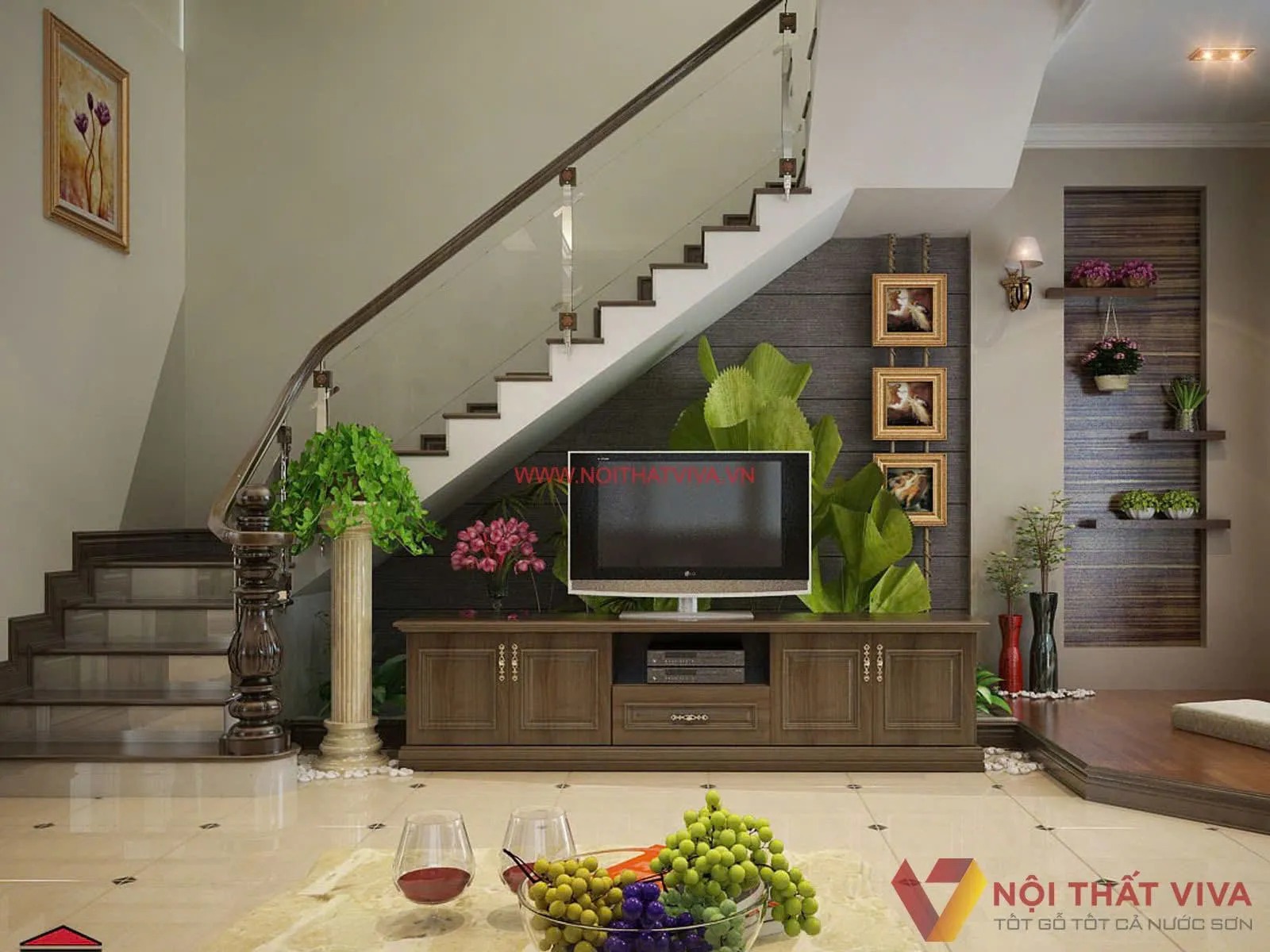 Kinh nghiệm đặt kệ tivi gầm cầu thang đẹp, tiết kiệm không gian tối ưu