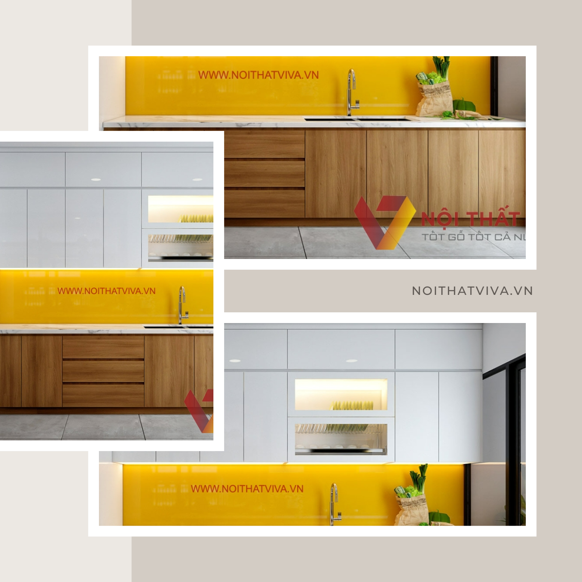 Mẫu Tủ Bếp Âm Tường Gỗ MDF Melamine Màu Vàng Phối Trắng Đẹp Giá Rẻ