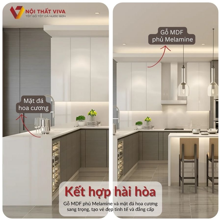 Mẫu Tủ Bếp Chữ L Hiện Đại Gỗ MDF Phủ Melamine Kết Hợp Bàn Ăn Cao Cấp