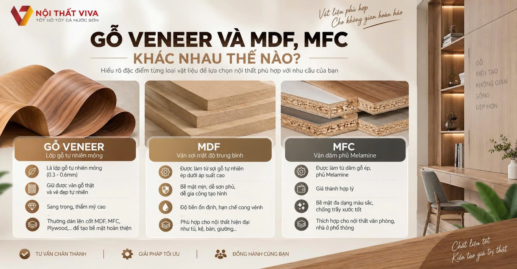 Nội thất gỗ veneer l&agrave; g&igrave;? So s&aacute;nh với gỗ tự nhi&ecirc;n v&agrave; gỗ c&ocirc;ng nghiệp