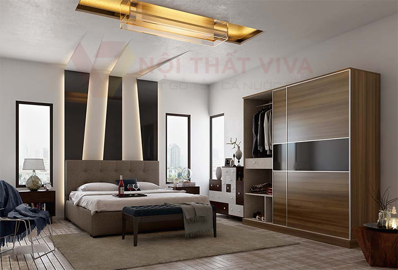 Mẫu nội thất phòng ngủ master giường, tủ quần áo, tủ đầu giường, tủ mini,... đẹp, hiện đại, sang trọng.
