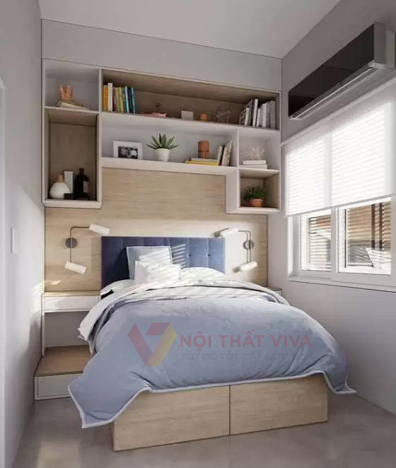 Mẫu nội thất phòng ngủ đẹp, combo giường, giá sách, tủ đầu giường, hộc tủ quần áo tiết kiệm