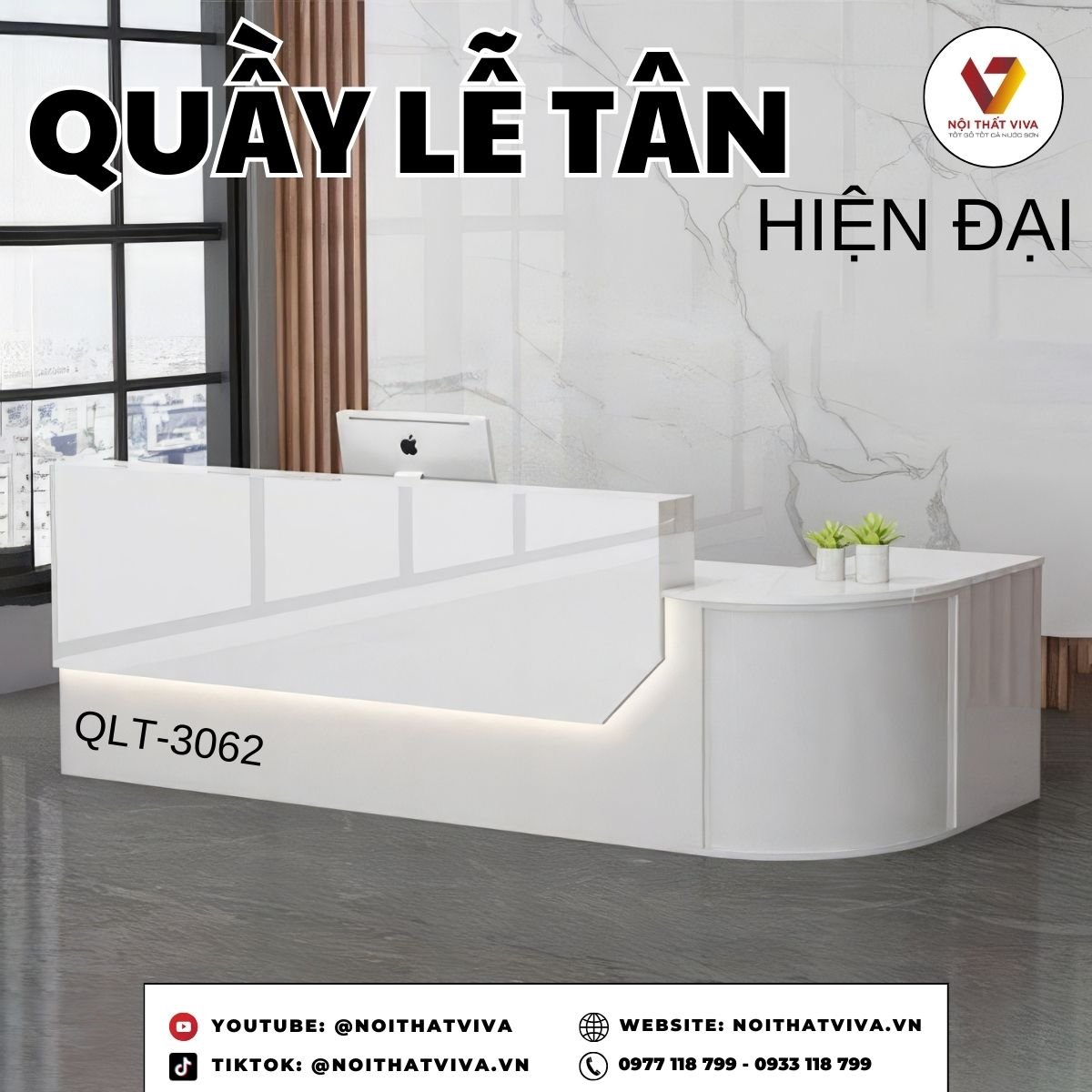 Quầy Lễ Tân Khách Sạn Đẹp Chất Liệu MDF Thiết Kế Bo Góc Chữ L Hiện Đại