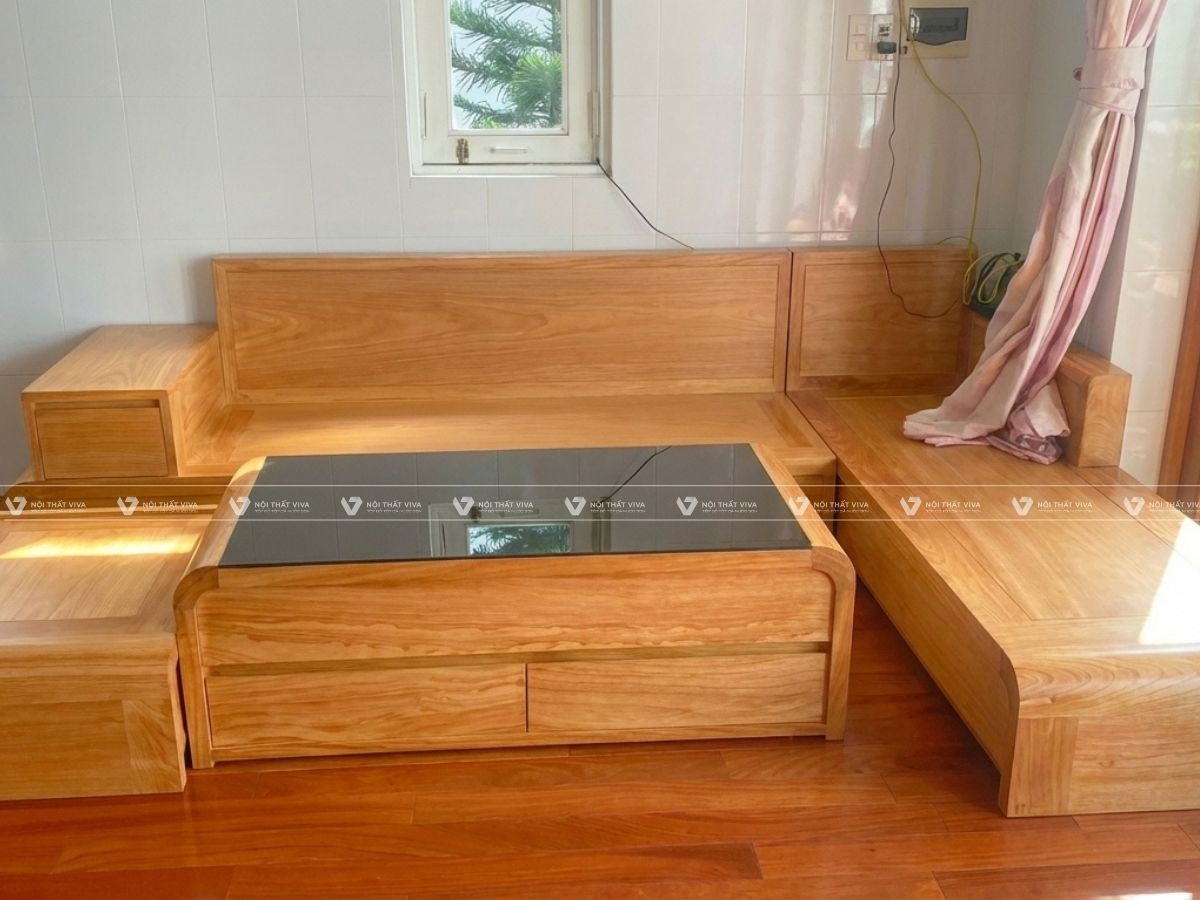 Sofa g&oacute;c gỗ sồi tự nhi&ecirc;n thiết kế chữ L tối ưu kh&ocirc;ng gian ph&ograve;ng kh&aacute;ch nhỏ