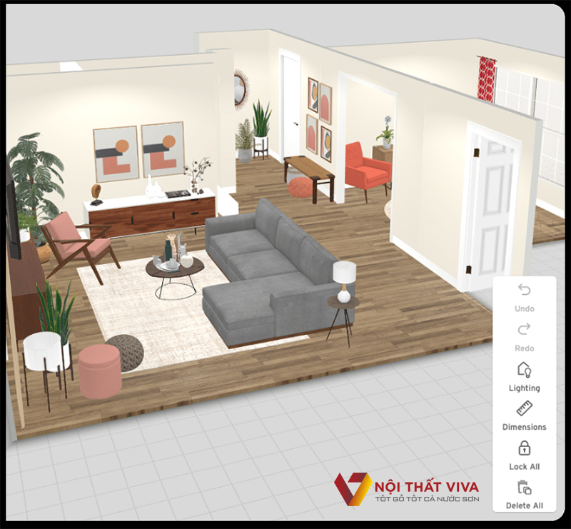 Bản thiết kế 3D phòng khách gửi khách hàng thấy được bố cục rõ ràng của Nội thất Viva.