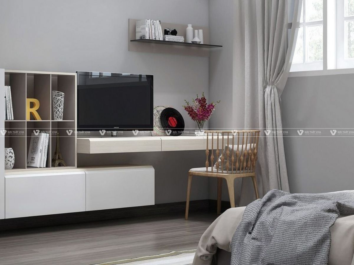 Thiết kế kệ tivi kết hợp bàn làm việc - xu hướng nội thất tiện nghi 2025