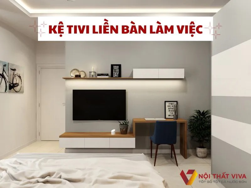 Thiết kế kệ tivi kết hợp bàn làm việc - xu hướng nội thất tiện nghi 2025