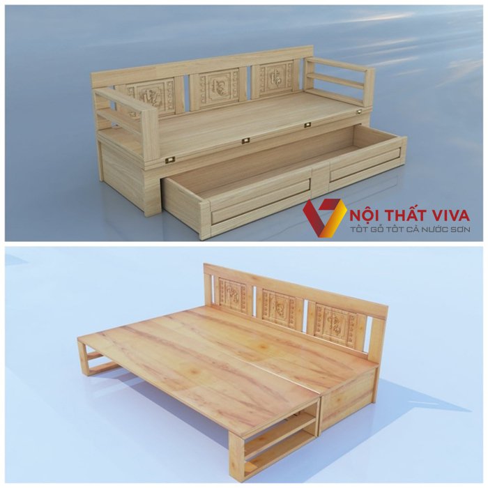 Giường gấp thành ghế sofa gỗ Sồi có hộc tủ tiện lợi, sử dụng được nhiều công năng.