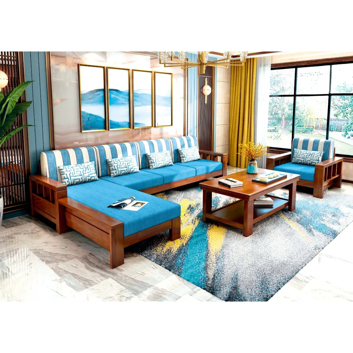 Bàn Ghế Gỗ Sofa Phòng Khách Chữ L Gỗ Sồi Cao Cấp