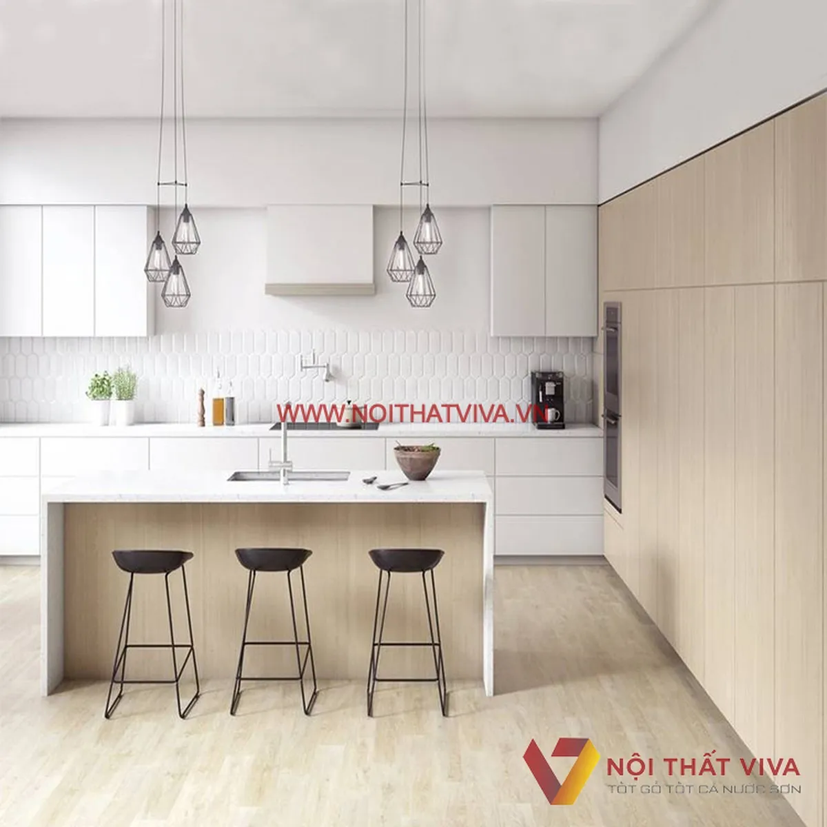 Tủ Bếp Gỗ Công Nghiệp Chữ L Mdf Phủ Melamine Kết Hợp Đảo Đá Cao Cấp