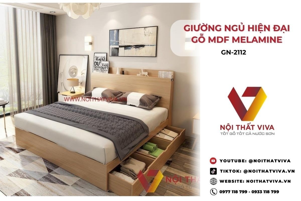 Giường Ngủ Hiện Đại Gỗ Công Nghiệp MDF Melamine Màu Vàng Vân Gỗ Giá Rẻ