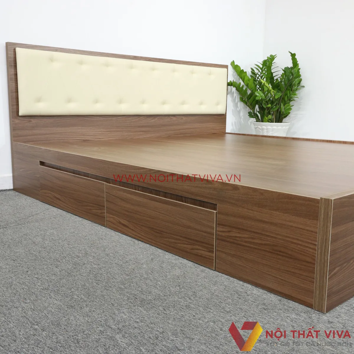 Giường Ngủ Có Đầu Nệm Gỗ MDF Phủ Melamine Ngăn Kéo Màu Óc Chó