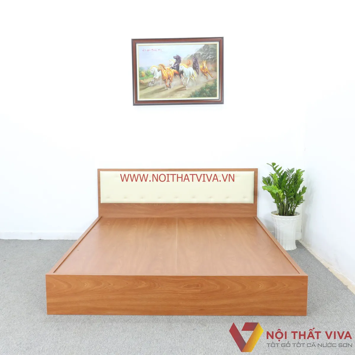 Giường MDF 1m6 Màu Xoan Đào Có Hộc Kéo + Đầu Nệm Kem Đẹp