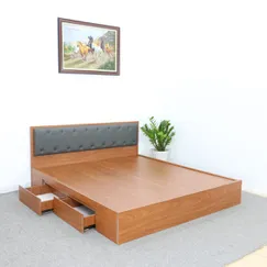 Giường MDF Giá Rẻ Màu Xoan Đào Có Hộc Kéo + Đầu Nệm Đen Đẹp Giường MDF Giá Rẻ Màu Xoan Đào Có Hộc Kéo + Đầu Nệm Đen Đẹp