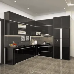 Tủ Bếp Chữ L Hiện Đại Gỗ Mdf Phủ Acrylic Phối Đen Độc Đáo