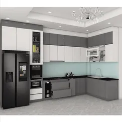 Mẫu Thiết Kế Tủ Bếp Chữ L Gỗ Mdf Phủ Acrylic Màu Xám Phối Trắng  Mẫu Thiết Kế Tủ Bếp Chữ L Gỗ Mdf Phủ Acrylic Màu Xám Phối Trắng
