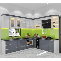 Tủ Bếp Acrylic Bóng Gương Gỗ Mdf Màu Xám Phối Trắng Đẹp  Tủ Bếp Acrylic Bóng Gương Gỗ Mdf Màu Xám Phối Trắng Đẹp