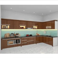 Tủ bếp chất liệu acrylic gỗ MDF cánh vân gỗ phối phối trắng  Tủ bếp chất liệu acrylic gỗ MDF cánh vân gỗ phối phối trắng