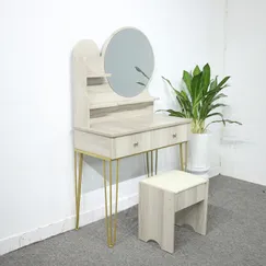 Bàn Trang Điểm Hàn Quốc Gỗ MDF Melamine Màu Sữa Chân Sắt 2 Ngăn Kéo Gương Tròn Bàn Trang Điểm Hàn Quốc Gỗ MDF Melamine Màu Sữa Chân Sắt 2 Ngăn Kéo Gương Tròn