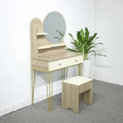 Bàn Trang Điểm Chân Sắt Gỗ MDF Melamine Màu Kem Sọc  2 Ngăn Kéo Gương Tròn Bàn Trang Điểm Chân Sắt Gỗ MDF Melamine Màu Kem Sọc  2 Ngăn Kéo Gương Tròn