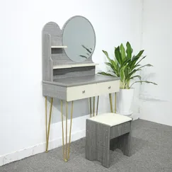 Bộ Bàn Trang Điểm Gỗ MDF Melamine Màu Vải Chân Sắt 2 Ngăn Kéo Gương Tròn Bộ Bàn Trang Điểm Gỗ MDF Melamine Màu Vải Chân Sắt 2 Ngăn Kéo Gương Tròn