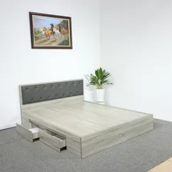 Giường Gỗ Đơn Giản Giá Rẻ Gỗ MDF Melamine Màu Xám Có Hộc Kéo + Đầu Nệm Hiện Đại Giường Gỗ Đơn Giản Giá Rẻ Gỗ MDF Melamine Màu Xám Có Hộc Kéo + Đầu Nệm Hiện Đại