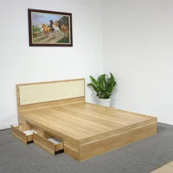 Mẫu Giường Hiện Đại Gỗ MDF Melamine Vân Gỗ Vàng Sọc Có Hộc Kéo + Đầu Nệm Kem Đẹp Mẫu Giường Hiện Đại Gỗ MDF Melamine Vân Gỗ Vàng Sọc Có Hộc Kéo + Đầu Nệm Kem Đẹp