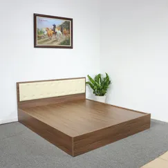 Giường Ngủ MDF Phủ Melamine Có Đầu Nệm Kem Hiện Đại Màu Óc Chó