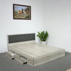 Giường Ngăn Kéo Gỗ Công Nghiệp Màu Xám Nhạt Vân Gỗ + Đầu Nệm Đen Đẹp Giường Ngăn Kéo Gỗ Công Nghiệp Màu Xám Nhạt Vân Gỗ + Đầu Nệm Đen Đẹp