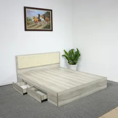 Mua Giường Có Hộc Kéo Gỗ MDF Melamine Màu Xám Vân Gỗ + Đầu Nệm Kem Đẹp Mua Giường Có Hộc Kéo Gỗ MDF Melamine Màu Xám Vân Gỗ + Đầu Nệm Kem Đẹp