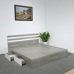 Giường Gỗ Bệt Gỗ MDF Melamine Màu Xám Vân Gỗ Chỉ Trắng Có Hộc Kéo Hiện Đại Giường Gỗ Bệt Gỗ MDF Melamine Màu Xám Vân Gỗ Chỉ Trắng Có Hộc Kéo Hiện Đại