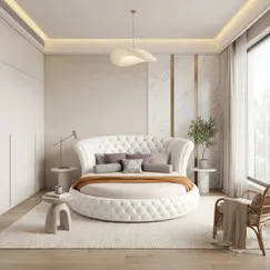 Giường Tròn Tân Cổ Điển Màu Trắng Tinh Khôi Bọc Da Chất Lượng Cao