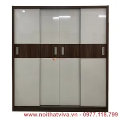 Tủ Áo Cửa Lùa 4 Cánh 2m Gỗ MDF Melamine Cánh Trắng Sọc Óc Chó