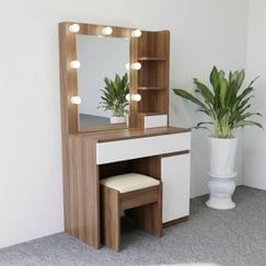 Bàn Phấn Gỗ Mdf Phủ Melamine Màu Nâu Phối Trắng Có Đèn