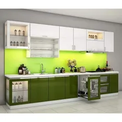 Tủ Bếp Chữ I Hiện Đại Gỗ MDF Acrylic Bóng Gương Màu Xanh Phối Trắng Đẹp