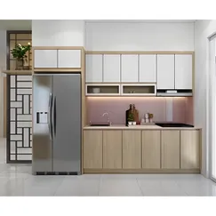 Tủ Bếp Chữ I Nhỏ Gỗ MDF Melamine Màu Vàng Phối Cửa Trắng Đẹp Giá Rẻ