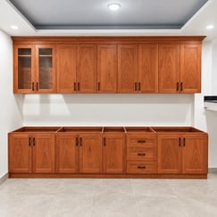 Tủ Bếp Gỗ Cao Su Ghép Phủ Veneer Xoan Đào Kiểu Dáng Tối Giản