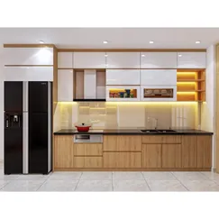 Tủ Bếp Hình Chữ I Gỗ MDF Phủ Melamine Màu Vàng Phối Trắng Hiện Đại Tủ Bếp Hình Chữ I Gỗ MDF Phủ Melamine Màu Vàng Phối Trắng Hiện Đại