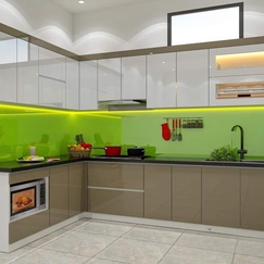 Tủ Bếp Hình L Gỗ Mdf Phủ Acrylic Màu Nâu Phối Trắng Đẹp Giá Rẻ