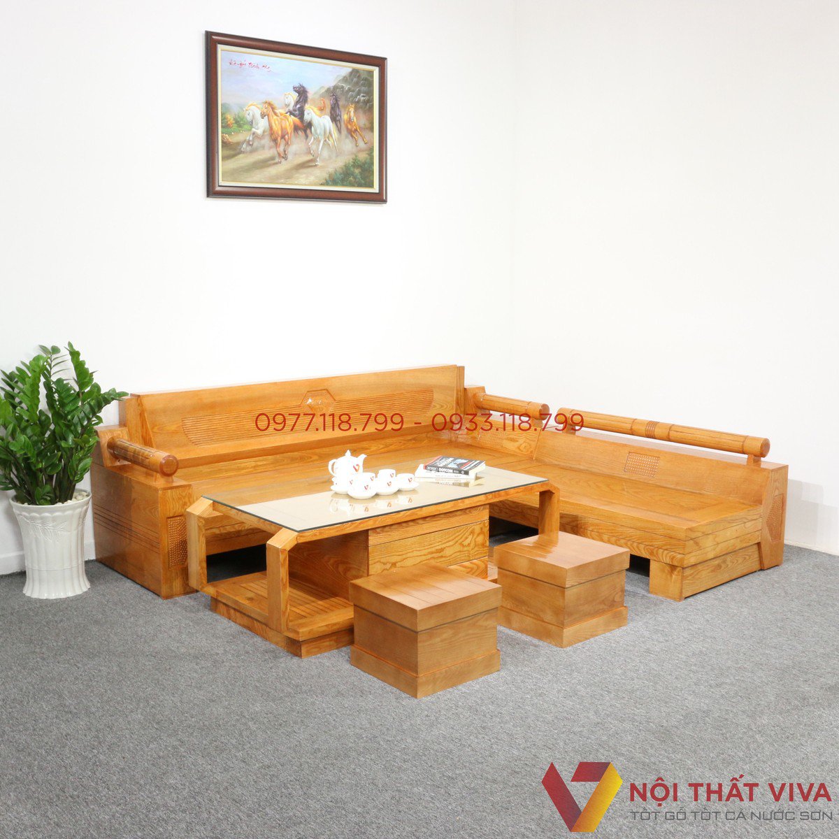 Bộ ghế sofa góc tay trứng gỗ xoan đào SG06 ⋆ Nội thất Dung Thủy