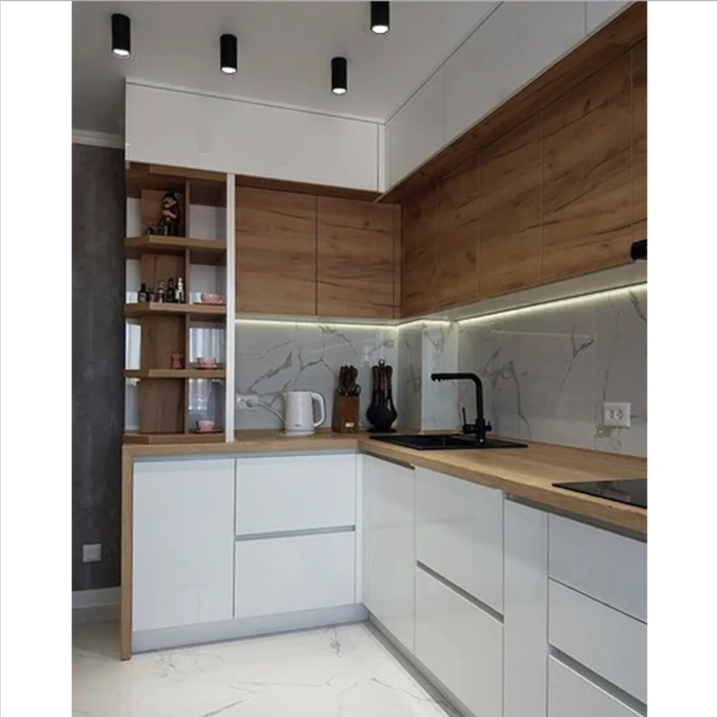 Mẫu Tủ Bếp Chữ L Đơn Giản Gỗ Mdf Phủ Melamine Màu Vân Gỗ Phối Trắng